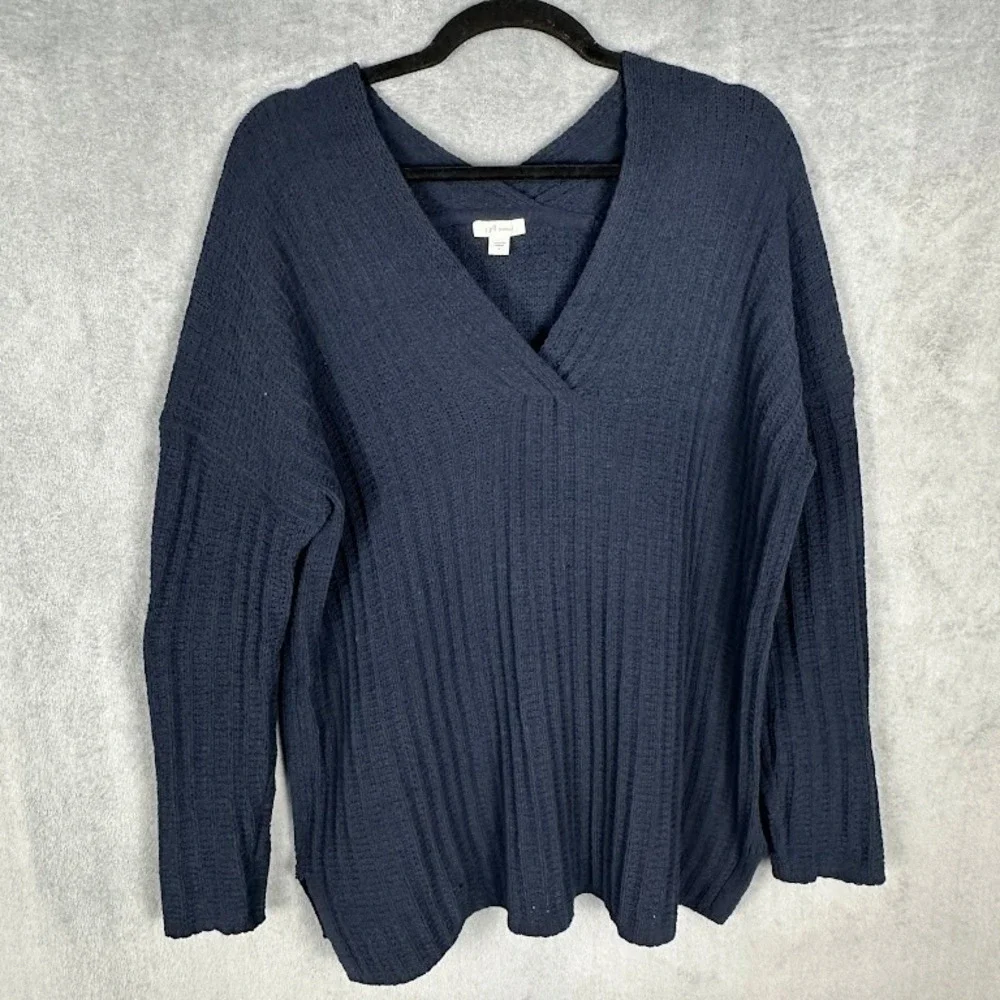 J Jill Sweater Womens Large Navy Chenille V Neck Stretch Comfort Preppy Coastal